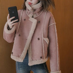 Hnewly  New Arrival Women's Short Lamb Motorcycle Jacket Fall Winter Oversized Faux Fur Lined Warm Thickened Casual Coat