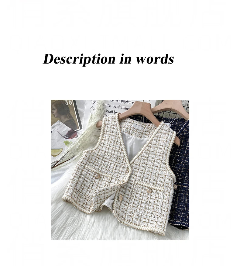 Hnewly  Women New Autumn Tweed Elegant Vintag Vest V-neck Sleeveless Slim Pockets Waistcoat Ladies Fashion Womens Short Small Vest