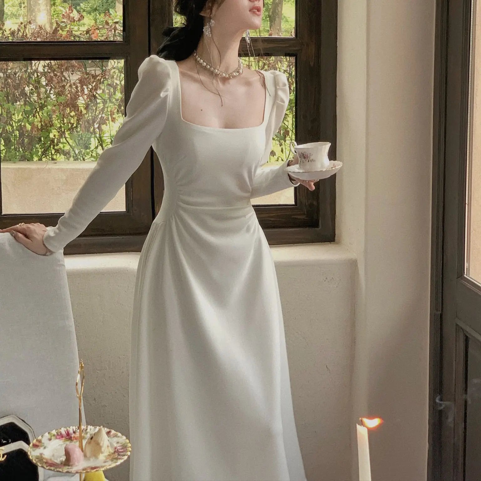 Hnewly Spring New Elegant Square Collar Midi Party Dress  For Women Long Sleeve Black White Slim Vestidos Female Clothes