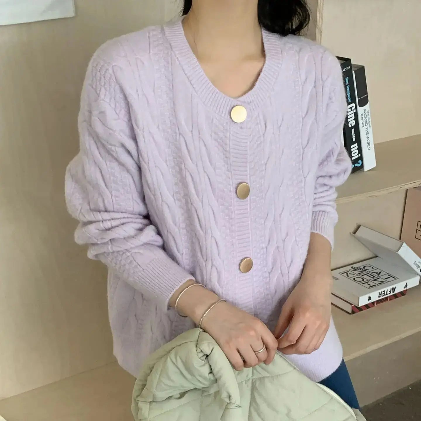 Hnewly  Vintage Twist Knit Cardigan Women's Lazy Loose Soft Thickened Single-Breasted 2025 Autumn Winter New Korean Style Female Tops