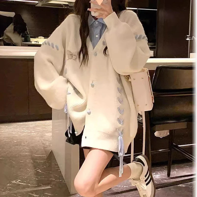 Hnewly y2k Sweaters 2000s Women Butterfly Print Side Drawstring Single Breasted Long Sleeve Loose Cardigan Tops Streetwear