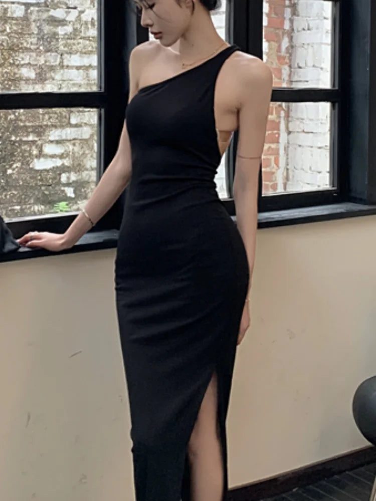 Hnewly Elegant Solid Color Princess Evening Dresses French Romantic Black Hip Wrap Graduation Dress Korean Summer Strap Wedding Dress