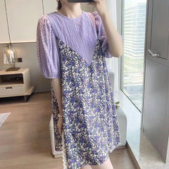 Hnewly  Women's Casual Korean Fake Two Pieces Printed Dress Summer Loose Fashion Round Neck Patchwork Chiffon Dresses Female Clothing