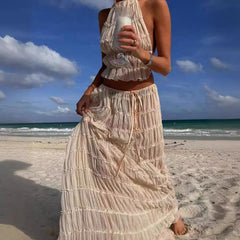Hnewly Fashion Sexy Halter Neck Strap Vest Women's Aesthetic Lace Pleated Long Skirt Suit Spring Summer