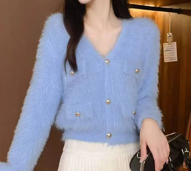 Hnewly  Fluffy Mohair Cardigan Women Pink Fuzzy Knit Button-Up Fake Pocket Crop Sweater Jacket Teen-girl Fall Winter Barbiecore Y2K