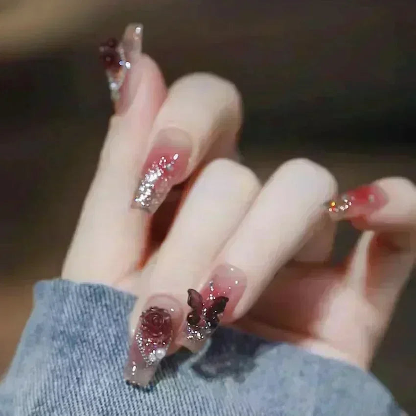 Hnewly 24Pcs False Nails French Gradient Ballet Fake Nails Press on Nails Black Heart Rhinestone Design Glitter Full Cover Nail Tips