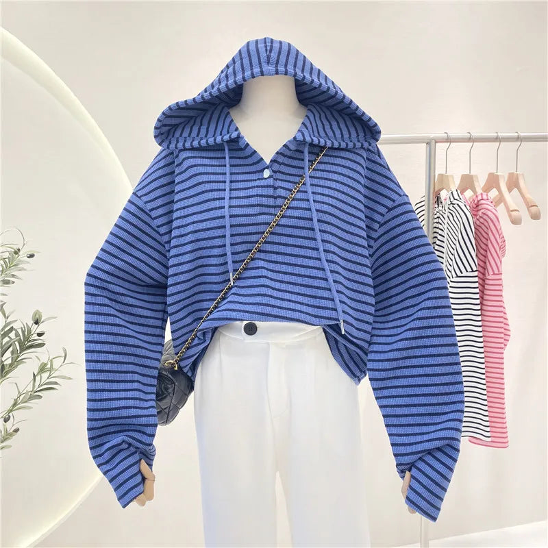 Hnewly  New Striped Hoodie Sweatshirt Women's Spring Autumn 2025 Fashion Preppy Style Retro Long Sleeve Top Loose Pullover Jacket