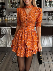 Lunivop  Women Fashion Floral Print V-neck Mini Dress Elegant Choker Neck Puff Sleeve High Waist Ruffle Slim Fit Dresses Party Wears