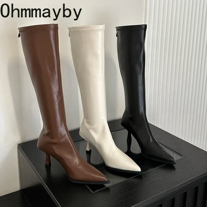 Hnewly Soft Leather Pointed Toe Knee High Boots High Heels Zipper Women Pumps Ladies Long Stretch Modern Boots