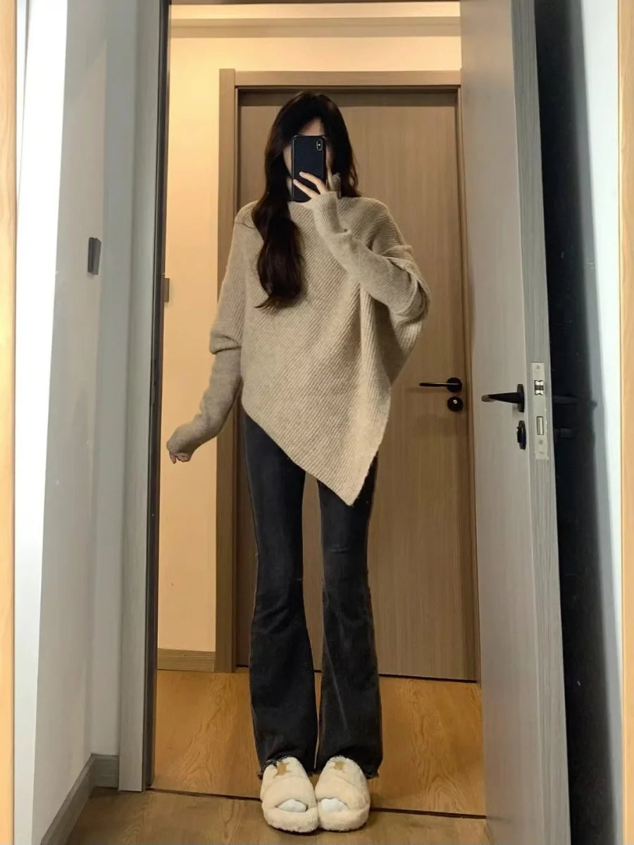 Hnewly  High Neck Irregular Sweater Women's Autumn Winter Korean Version Loose Soft Knitted Top Elegant Long Sleeved Pullover
