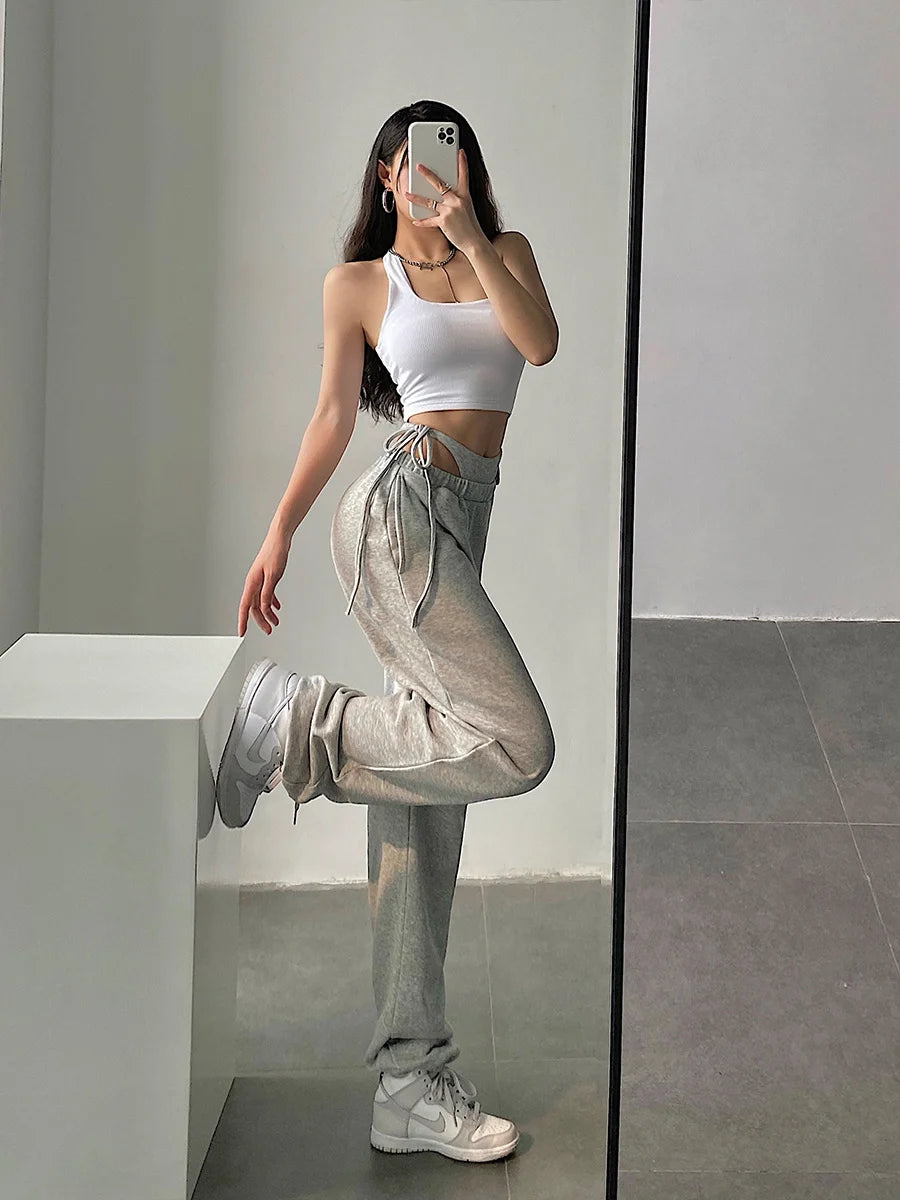 Hnewly European Retro Casual Style Solid Color High Waist Trend Women's Loose And Thin Harem Pants Fake Two-piece MJK8