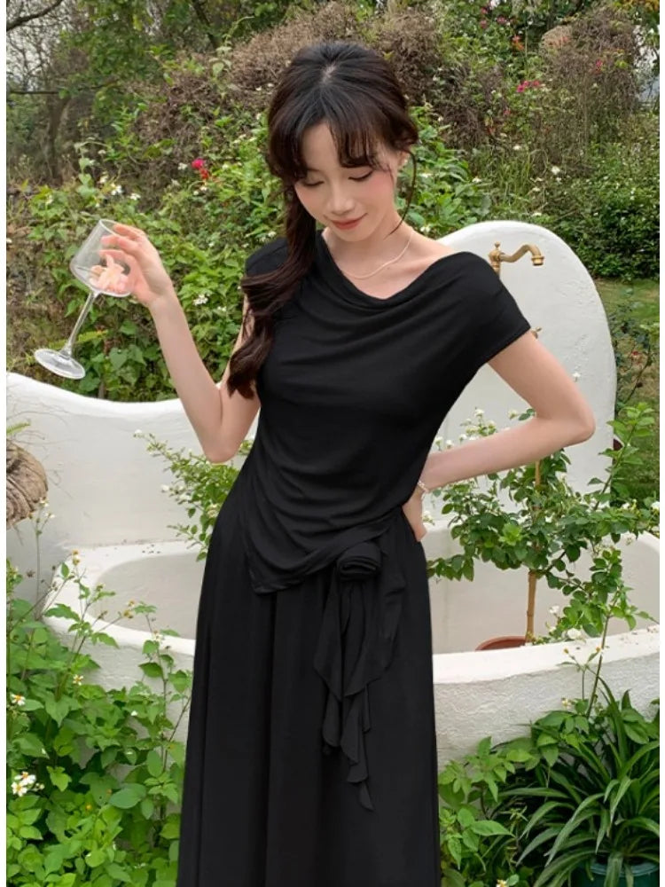 Hnewly Summer New Flowers Korean Fashion Irregular T-Shirt Top Women's French Elegant Pastoral Casual Long Skirt Two Piece Set