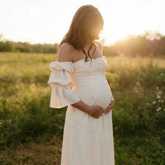 Hnewly  Maternity Dress Photoshoot Cream White Polka Dot Off-Shoulder Long Gown Outdoor Field Wildflower Pregnancy Photo Dresses