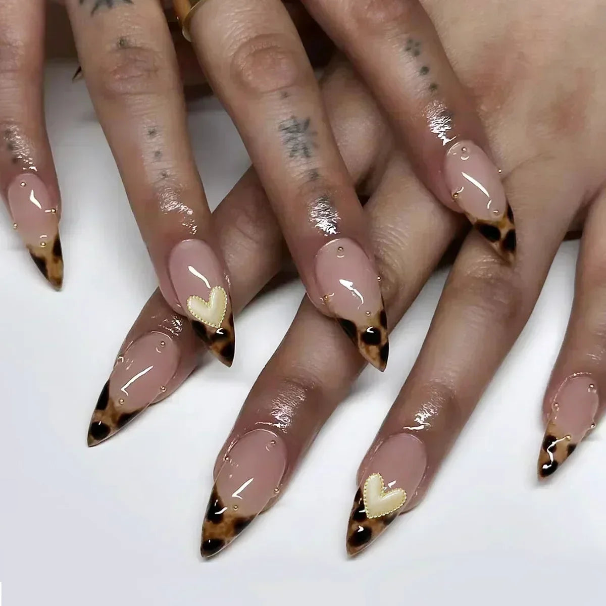 Hnewly 24Pcs French Almond False Nails Glitter with Rhinestones Wearable Fake Nails Artificial Simple Full Cover Press on Nails Tips