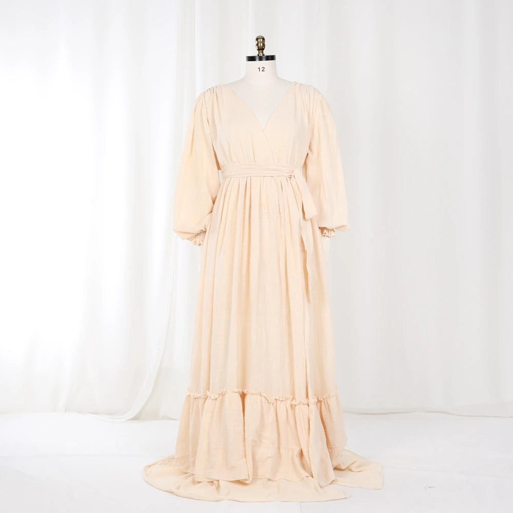 Hnewly  Maternity Photography Props Boho Deep V Neck Pregnancy Photoshoot Dress Lantern Sleeve Tiered Split Gown Women Clothes