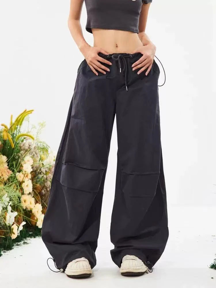 Hnewly Y2K Vintage Drawstring Parachute Pants Women Hip Hop Loose Streetwear Cargo Pants American Low Waist Hot Girls Wide Leg Trousers