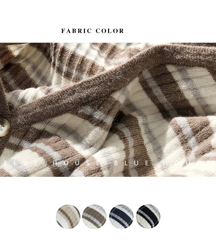 Hnewly  Women's Retro Striped Sweater Korean V-neck Contrasting Spring Autumn Long Sleeved Knitted Cardigan Coat  All-Matchded Loose Top
