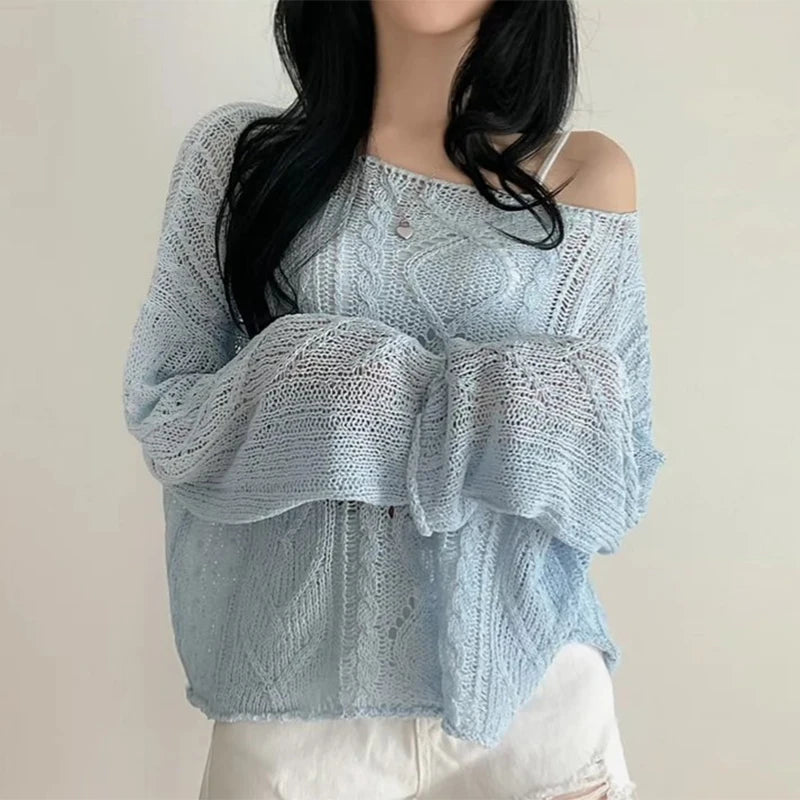 Hnewly  Long Sleeve Crochet Top Cable Knit Summer Beach Bikini Cover Up Crop Pullover Openwork Blouse Women Vacation Boho Outfit