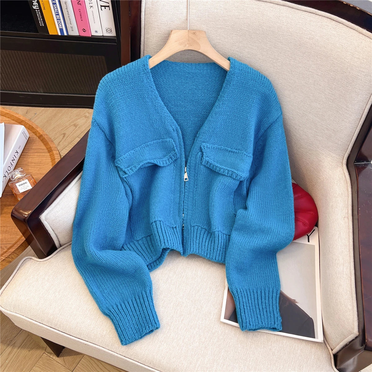 Hnewly  Women's Zip Up Knit Cardigan with Pocket V-neck Zipper Front Crop Sweater Jacket Female Teen-girl Autumn Winter Y2K Outfit