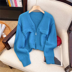 Hnewly  Women's Zip Up Knit Cardigan with Pocket V-neck Zipper Front Crop Sweater Jacket Female Teen-girl Autumn Winter Y2K Outfit