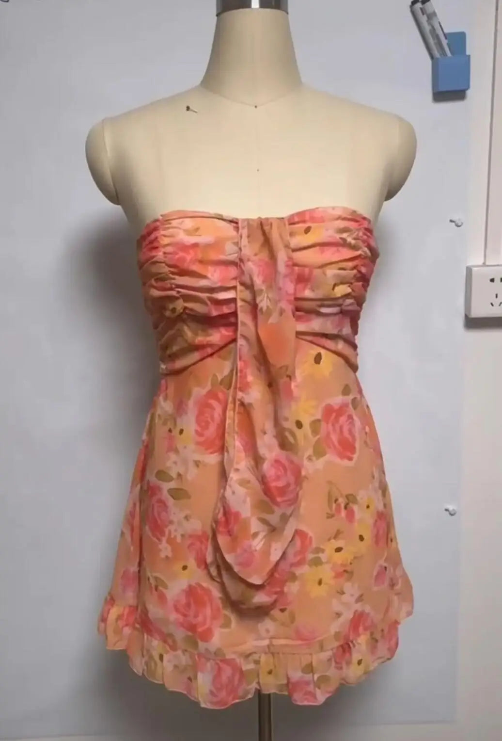 Lunivop  Ruched Chest Floral Print Strapless Mini Chiffon Dress Women Ruffles Hem Elastic Bandage Backless Holiday Dresses Robe