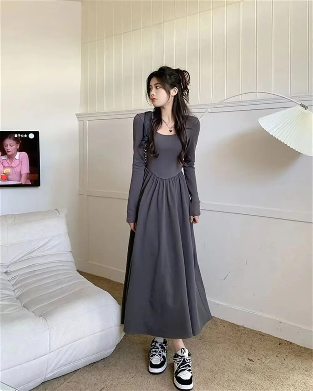 Hnewly Korean Style Dresses Women Ins Temperament Fashion Simple Midi Preppy Schoolgirls All-match Vestidos De Mujer Sexy Autumn