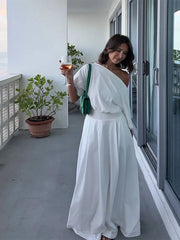 Hnewly  Elegant Top Skirt Women's Sets Skew-collar Shirt Floor-length Loose Solid Female Sets Summer Casual Vacation Chic Lady Robe