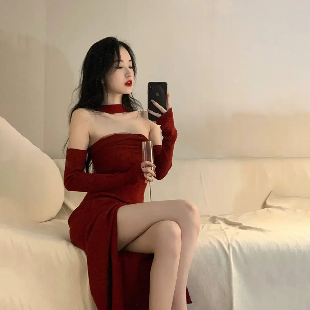 Hnewly Red Knitted Y2k Dress Women's Sleeveless Halter Split Sexy Solid Stretch Slim Fit Backless Women Party Dress Elegant Robe Femme