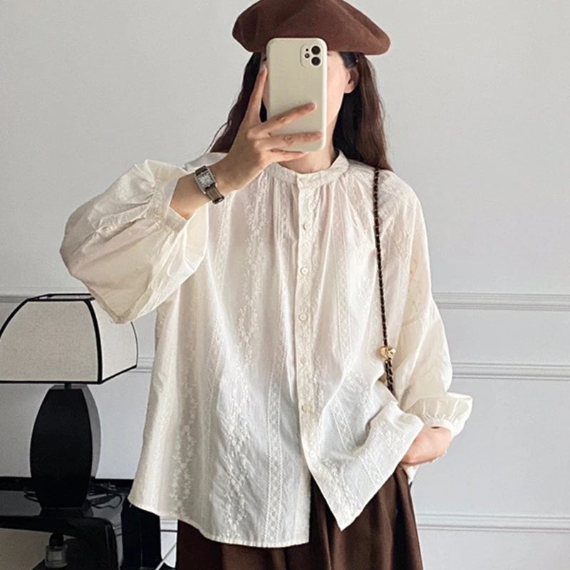 Hnewly  White Floral Embroidery Shirts Women Spring Autumn Elegant Long Lantern Sleeve Blouses Woman O-Neck Single Breasted Female