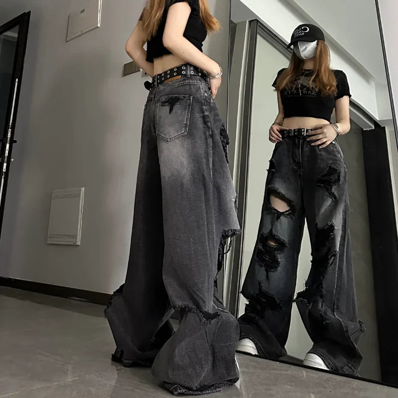 Hnewly Women's Distressed Design Wide Leg Hole Jeans Summer New Street Unisex Style Trousers Loose High Waist Straight Denim Pants