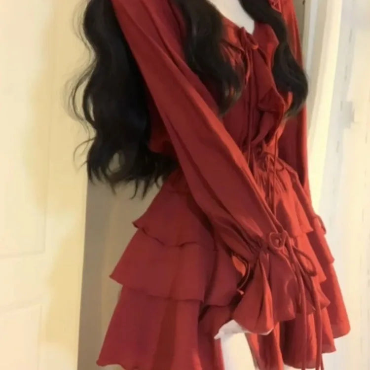 Hnewly DRESS TO IMPRESS Vintage V-neck Ruffles Long Sleeve Slim Fit Shirts Women+ Y2k High Waist Ruched A-line Skirts Spring New Two Piece Sets