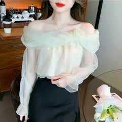 Hnewly   New French Off Shoulder Top Sexy Sweet Long Sleeve Chiffon Shirt Blouse Women's 3D Flower Pink Off White Shirt Top