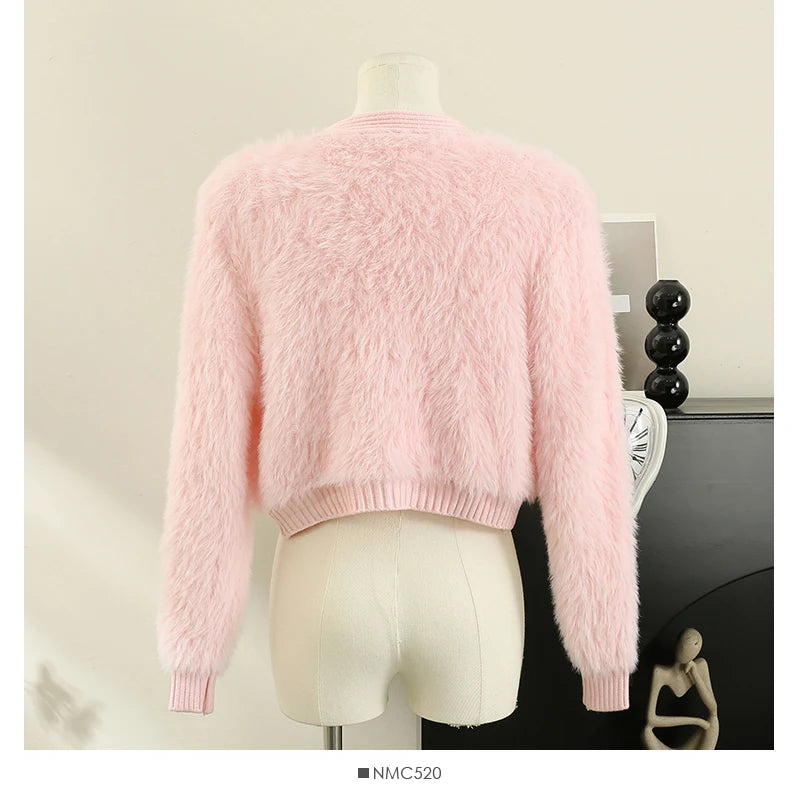 Hnewly  Heart Button Plush Soft Sweater Coat Autumn/Winter New Women's Fashion Shiny Diamond V-Neck Short Knitted Cardigan Top