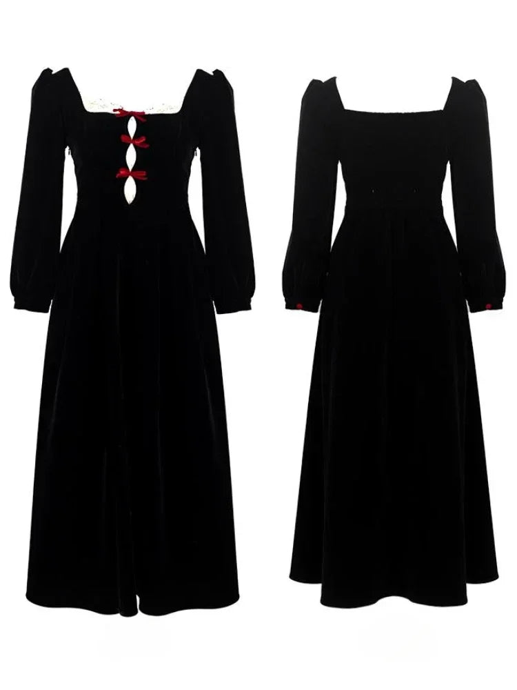 Hnewly French Elegant Retro Sweet One Piece Mini Party Dress Female Y2k Korean Fairy Lace Slim Dress Black Office Lady Autumn Winter