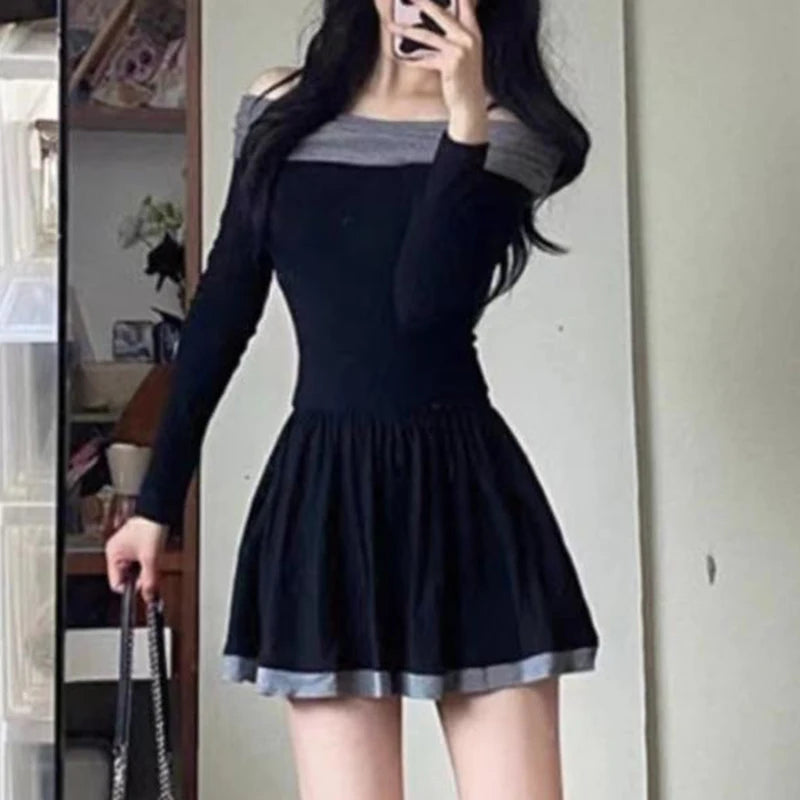 Hnewly Christmas Dress Women y2k Clothes Contrast Color Cold Shoulder Long Sleeve A Line Mini Dress Evening Party Dresses