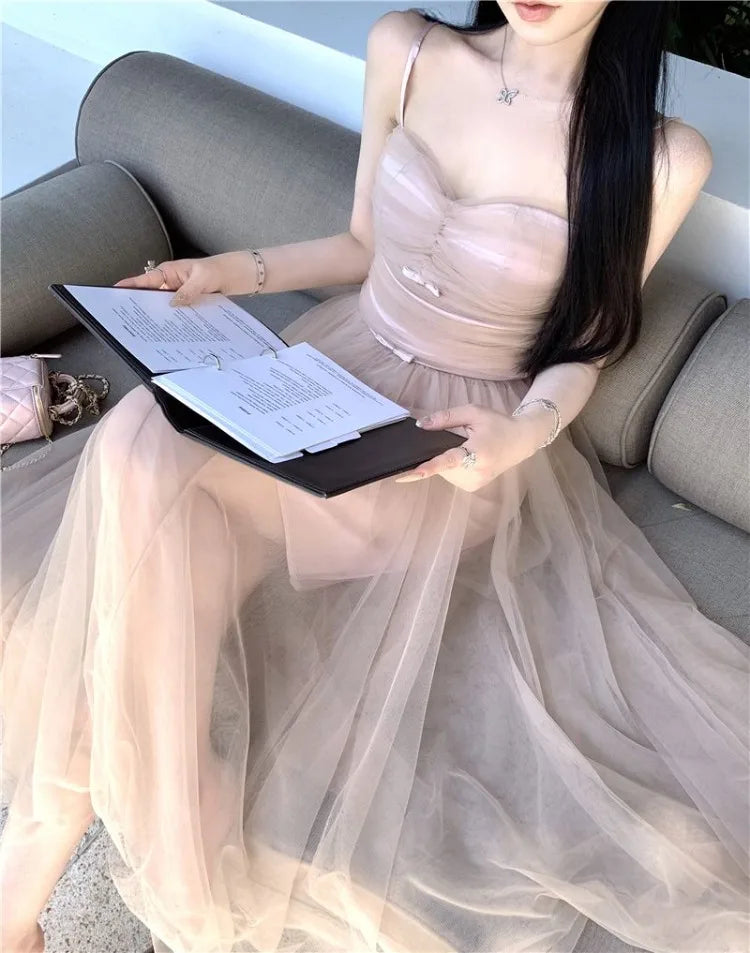 Hnewly  Woman Dress Bow Sleeveless Slash Neck Mesh Patchwork Princess Sweet Elegant Summer Fashion Party Dresses Female