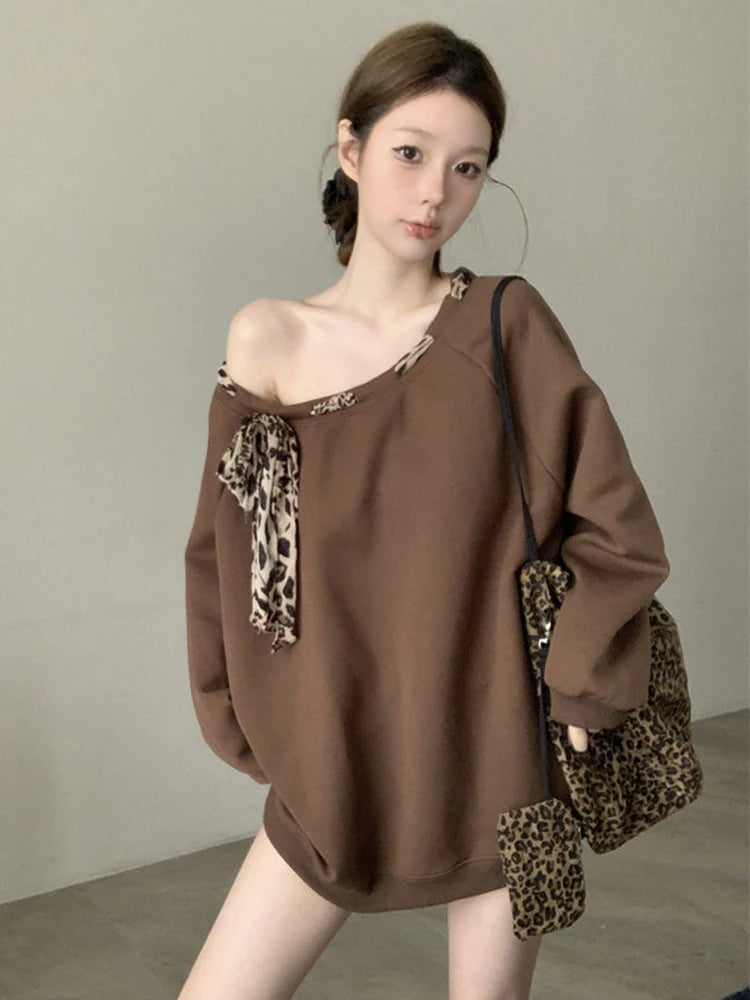 Hnewly Off Shoulder Y2K Sweatshirts Women Leopard Lace Up Loose Pullovers Streetwear American Long Sleeve Casual Female Retro Tops