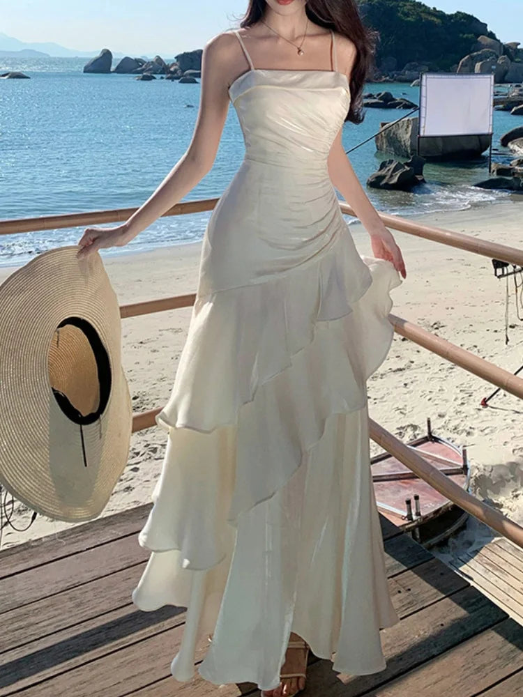 Hnewly Elegant Irregular Spaghetti Strap Womens Dresses Summer Sleeveless Ruffle Birthday Party Long Dress Slim Holiday Beach Vestidos