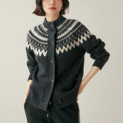 Hnewly  Fair Isle Knit Sweater Cardigan Women Cozy Stand Collar Button Front Sweater Jacket Teen-Girl Fall Winter Vintage Chic Outfit