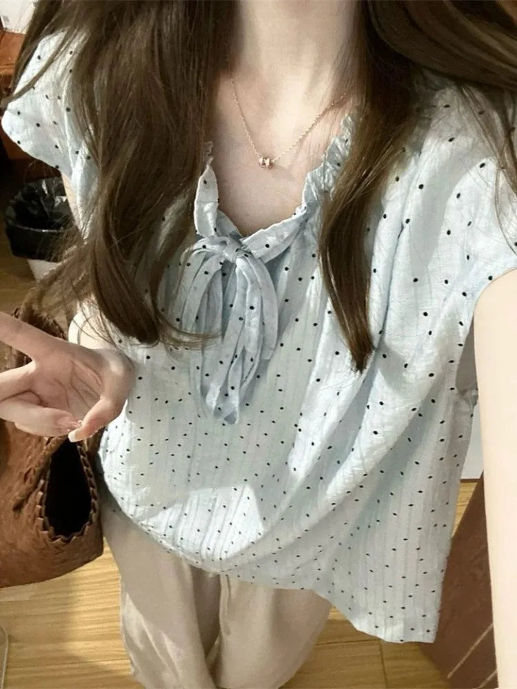 Hnewly  Women Blouse Bow Bandage Polka Dot Short Sleeve Sweet Loose Summer Fashion Shirts French Style Chic Female Tops Casual