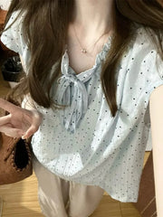 Hnewly  Women Blouse Bow Bandage Polka Dot Short Sleeve Sweet Loose Summer Fashion Shirts French Style Chic Female Tops Casual