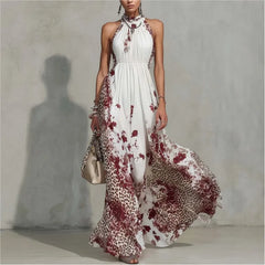 Lunivop  Summer Hanging Neck Sleeveless Waist Party Maxi Dress Women Elegant Hollow Floral Print Pleated Lady Chic Evening Gown Vacation