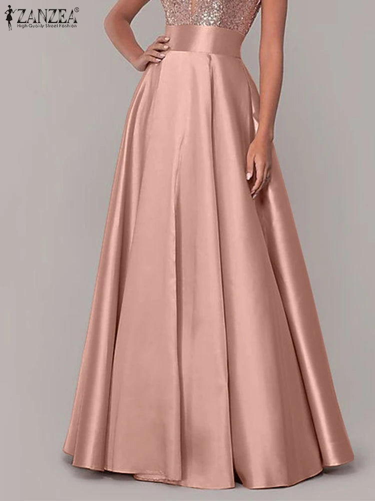 Hnewly Bohemian Women Satin Silk Long Skirts Cotton Solid Elegant Loose Sundress Femme Elastic Waist Oversized Casual Dresses