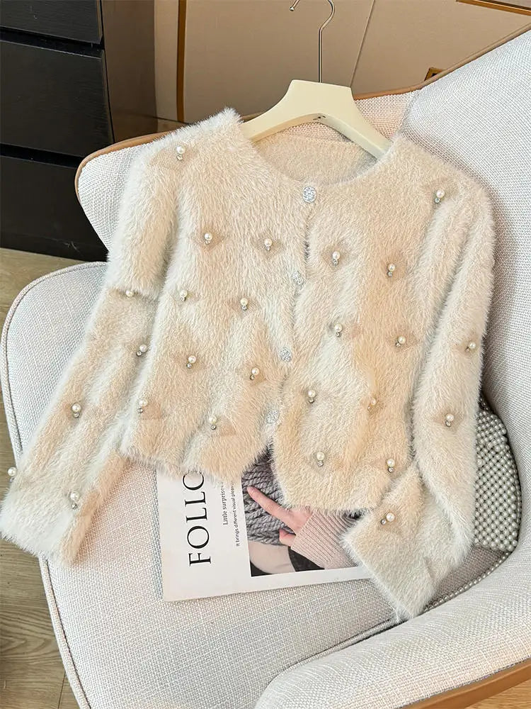 Hnewly  Beading O-Neck Plush Long Sleeved Sweater  Women's Autumn Loose Soft Glutinous Knit Cardigan Elegant Single Breasted Short Top