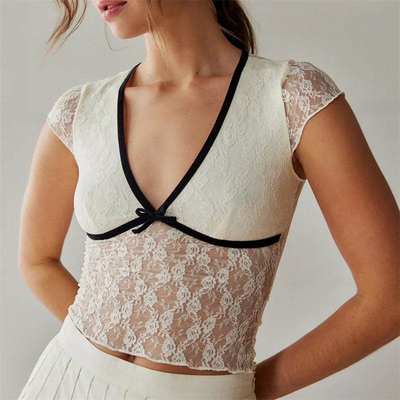 Hnewly Sheer Crop Top 2000s Women Sexy See Through V Neck Sleeveless Floral Lace Tanks Slim Fit Vest y2k Aesthetic Clothing