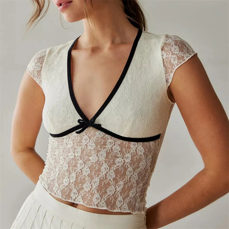 Hnewly Sheer Crop Top 2000s Women Sexy See Through V Neck Sleeveless Floral Lace Tanks Slim Fit Vest y2k Aesthetic Clothing