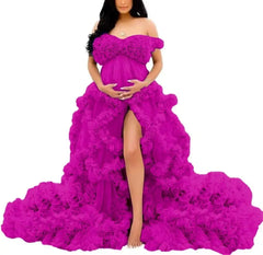 Hnewly  Elegant Off Shoulder Tulle Maternity Dress - Puffy Ruffles, Long Robe, Perfect for Photoshoot & Baby Shower