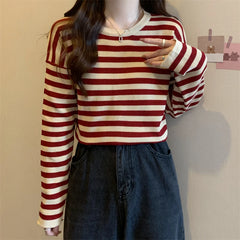 Hnewly  Women's Striped T-shirt Basic Tops Spring Autumn Fashion Color Contrast Loose O-neck Long Sleeve knitting Sweater