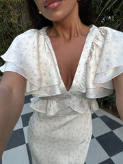 Hnewly Fashion Printed V-neck Slim Fit Maxi Vestido Women's Chic Floral Short Flare Sleeve High Waist Ruffle Dress 2025 Lady Party Wear
