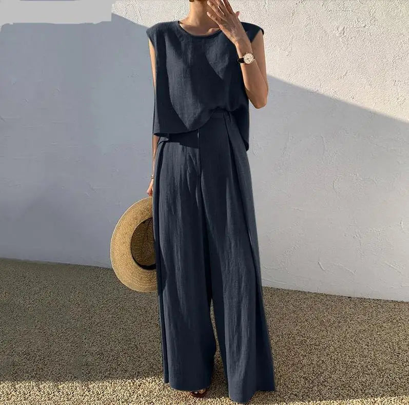 Hnewly Spring Summer Solid Color Cotton Linen Two Piece Set Women Fashion Sleeveless Tops Loose Wide Legs Pants Ladies Sets New